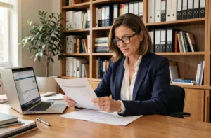 Femme investisseur consultant des documents financiers liés au statut LMNP dans un bureau à domicile