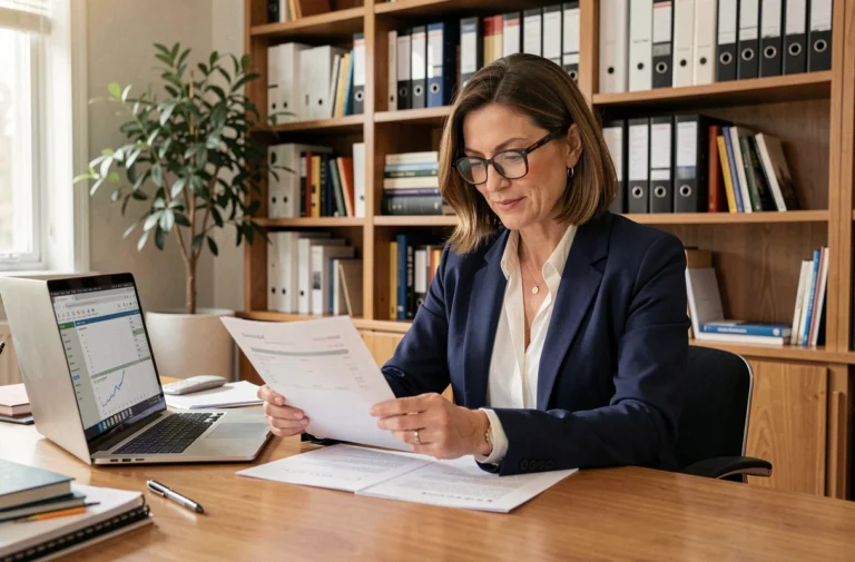 Femme investisseur consultant des documents financiers liés au statut LMNP dans un bureau à domicile