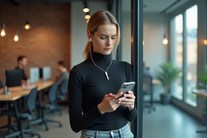 Jeune femme vérifiant un appel manqué d'un numéro inconnu sur son téléphone portable dans un espace de coworking