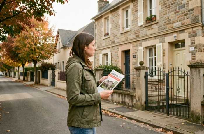 Jeune femme devant une maison à vendre tenant une brochure immobilière dans une rue résidentielle française