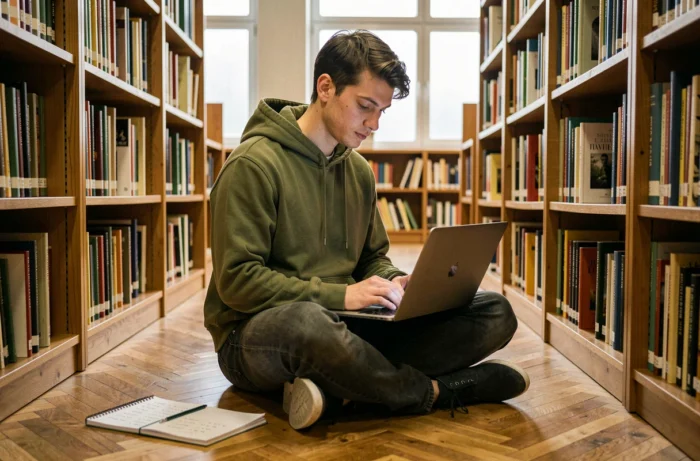 Jeune homme prenant des notes sur la conjugaison du verbe faire dans une bibliothèque publique