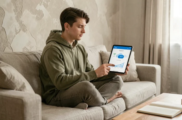 Jeune adulte utilisant OneDrive sur tablette depuis son salon pour gérer son stockage cloud personnel
