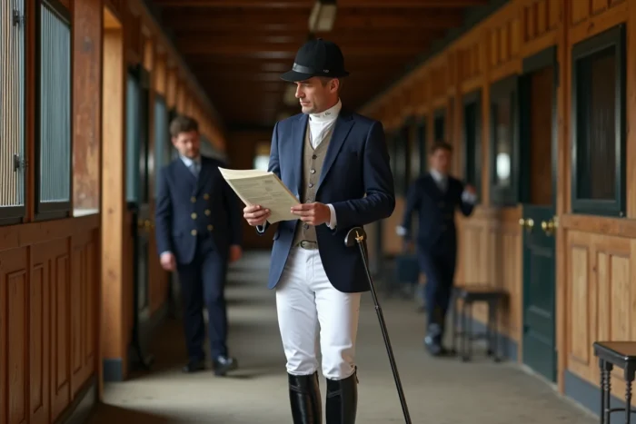 Jockey étudiant un programme de course dans l'enclos de sellage d'un hippodrome historique