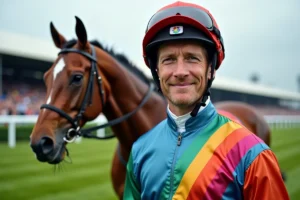 Jockey professionnel en tenue de course aux côtés d'un cheval pur-sang sur un hippodrome européen prestigieux