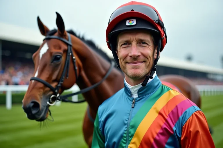 Jockey professionnel en tenue de course aux côtés d'un cheval pur-sang sur un hippodrome européen prestigieux
