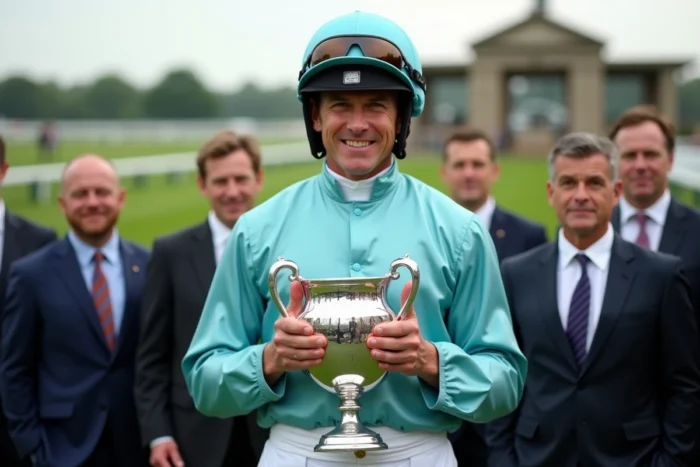 Jockey tenant un trophée en argent sur le podium d'une grande course hippique internationale