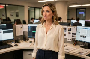 Journaliste femme en salle de rédaction répondant à des questions sur des rumeurs médiatiques