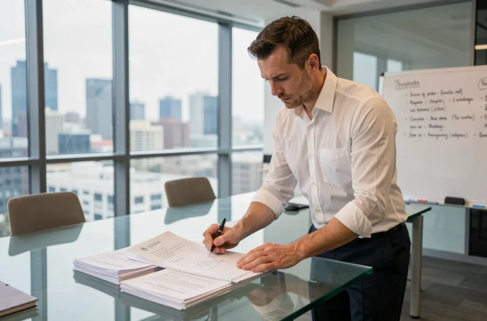 Juriste ou fonctionnaire annotant des documents administratifs officiels dans un bureau moderne en open space