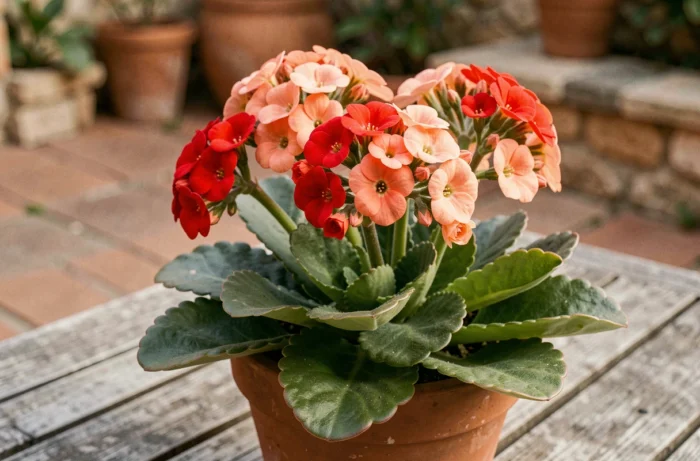 Kalanchoe blossfeldiana en pot de terre cuite avec fleurs rouges et roses sur table en bois dans une terrasse méditerranéenne