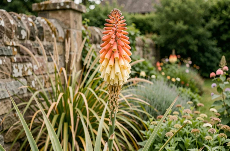Fleur de Kniphofia aux épis orange et jaune dans un jardin cottage anglais en fin d'été