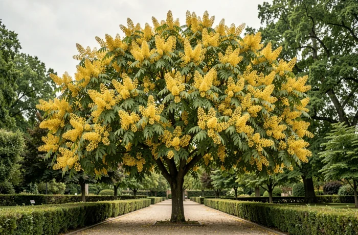 Arbre Koelreuteria paniculata en pleine floraison jaune dans un jardin botanique au printemps