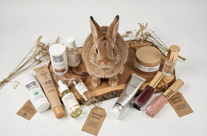Lapin posé parmi des cosmétiques certifiés cruelty-free et sans tests sur les animaux
