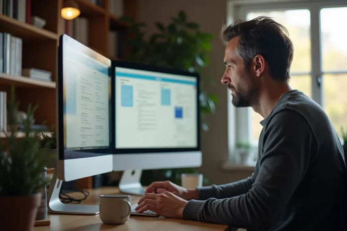 Manager en télétravail gérant des projets sur double écran dans un bureau à domicile minimaliste