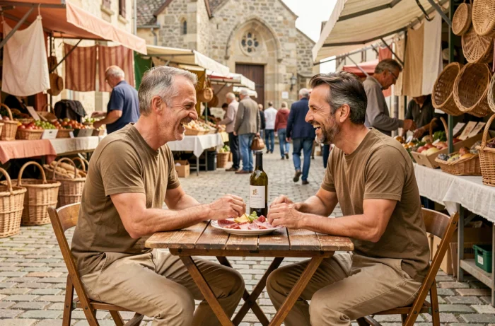 Couple partageant une assiette de charcuterie locale au marché d'un village gascon, dans une ambiance conviviale et authentique de voyage slow