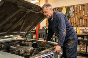 Mécanicien en combinaison bleue penché sur le moteur d'une vieille berline française dans un garage automobile traditionnel