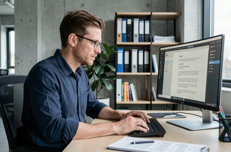 Développeur web consultant les mentions légales d'un site de fans de course automobile sur un écran d'ordinateur