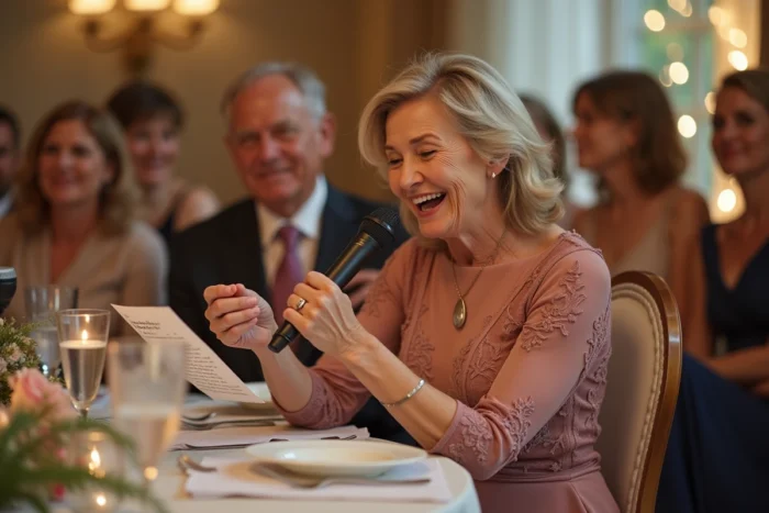 Mère de la mariée lisant un discours émouvant et drôle devant les invités lors d'un repas de mariage
