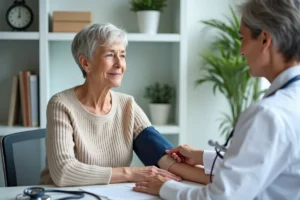 Médecin mesurant la tension artérielle d'une femme âgée lors d'une consultation médicale