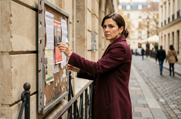 Militante du mouvement Les Patriotes collant une affiche politique dans une rue pavée de Paris