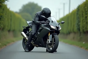 Motard masculin inspectant le frein avant de sa moto sportive sur une route de campagne
