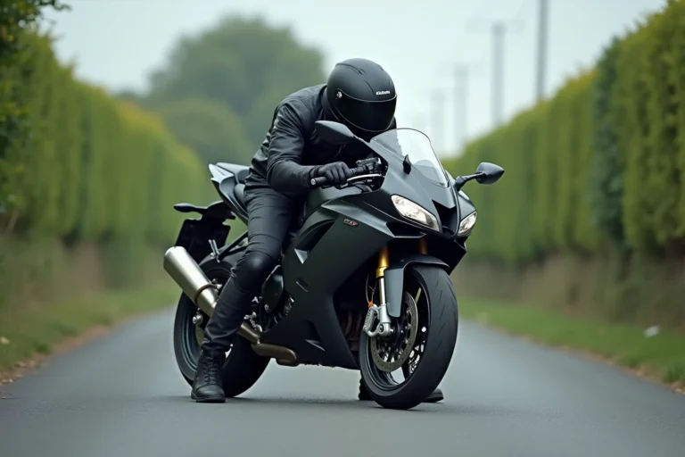 Motard masculin inspectant le frein avant de sa moto sportive sur une route de campagne
