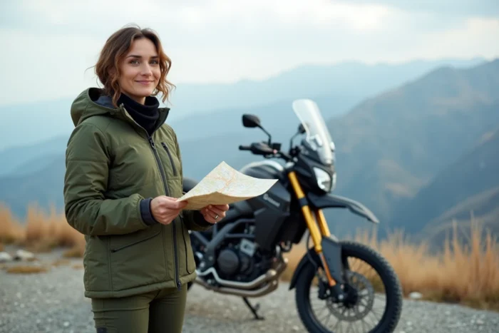 Motarde équipée avec une moto d'aventure consultent une carte sur un belvédère de montagne