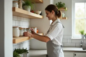 Femme optimisant ses étagères ouvertes dans une cuisine scandinave en bois et carrelage blanc