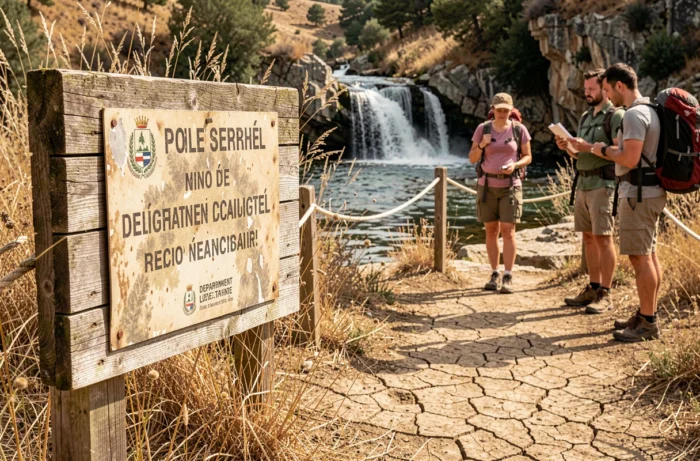 Panneau d'interdiction de baignade à l'entrée du site de la cascade de la Vis, barrière et sentier asséché en été