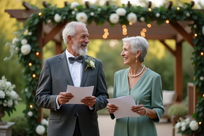 Parents des mariés prononçant ensemble un discours de mariage drôle et inoubliable dans un jardin fleuri