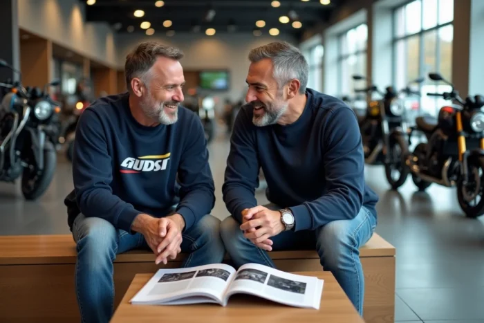Deux passionnés de moto discutant d'un catalogue dans un showroom de concession moderne