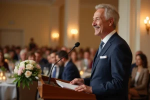 Père de marié ému prononçant un discours drôle et touchant lors d'une réception de mariage élégante