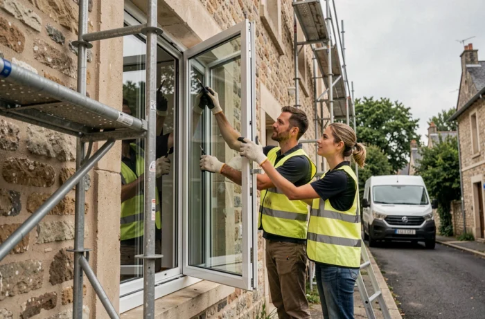 Pose d'une fenêtre à triple vitrage sur la façade d'une maison ancienne lors d'une rénovation thermique