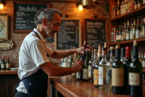 Barman espagnol arrangeant des bouteilles d'alcool avec étiquettes de prix dans un bar traditionnel de Barcelone
