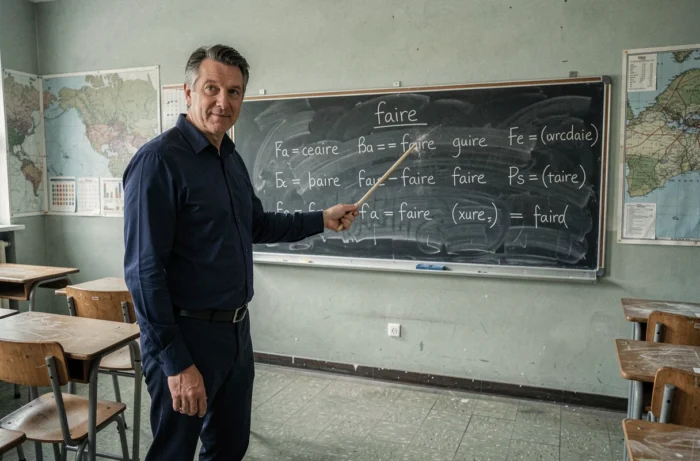 Professeur de français expliquant la conjugaison du verbe faire devant un tableau noir en classe