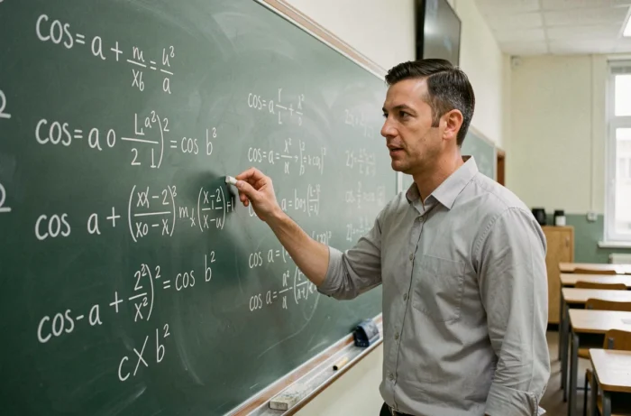 Professeur de mathématiques expliquant les formules trigonométriques cos a plus cos b au tableau noir dans une salle de classe
