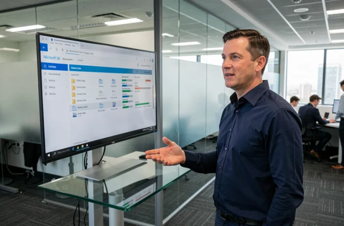 Professionnel gérant l'espace de stockage cloud Microsoft OneDrive sur un écran en entreprise