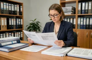 Professionnelle de l'administration comparant une circulaire administrative et une instruction officielle sur son bureau de travail