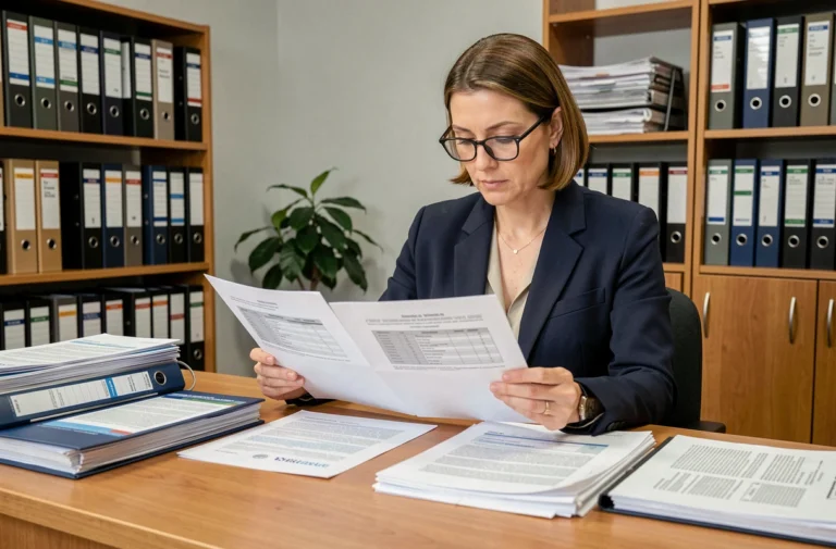 Professionnelle de l'administration comparant une circulaire administrative et une instruction officielle sur son bureau de travail