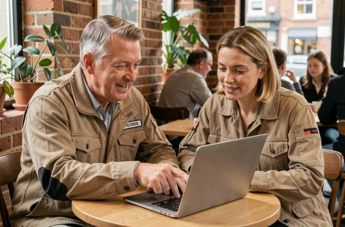 Deux professionnels artisans discutant des avis Depanneo autour d'un ordinateur portable en pause café