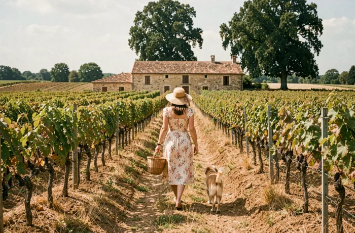Femme de dos se promenant dans les vignes de l'Armagnac avec un panier en osier, illustrant une vision du voyage lente et immersive dans le terroir gascon