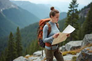 Randonneuse nomade consultant une carte topographique au sommet d'une crête montagneuse lors d'une aventure en pleine nature