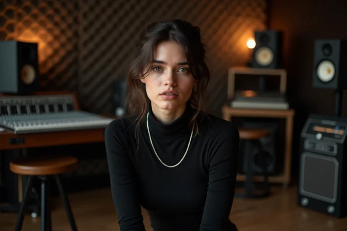 Rappeuse française en studio d'enregistrement assise sur un tabouret vintage, ambiance authentique avec équipements musicaux en arrière-plan