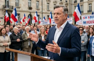 Homme politique français prenant la parole lors d'un rassemblement patriotique en place publique, avec drapeaux français en arrière-plan
