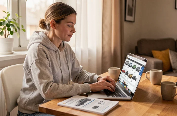 Femme recherchant une pièce auto Renault sur internet à domicile avec un catalogue de référence