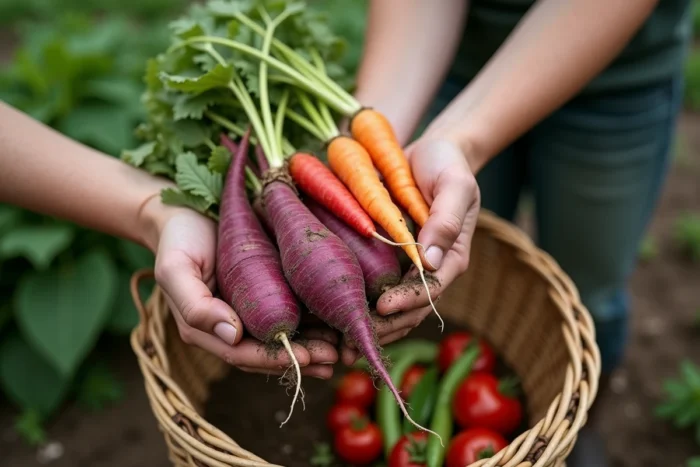 Mains tenant une récolte de légumes frais du potager incluant radis, carottes et tomates cerises