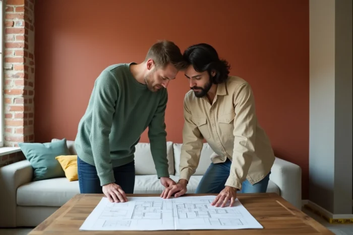 Couple planifiant la transformation de leur salon avec plans et mur en cours de rénovation