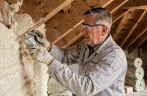 Artisan appliquant de l'isolant en mousse dans les combles d'une maison lors d'une rénovation thermique