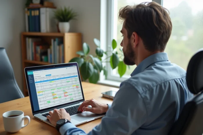 Responsable ADMR travaillant depuis son domicile sur le logiciel de gestion Philia pour optimiser les plannings hebdomadaires