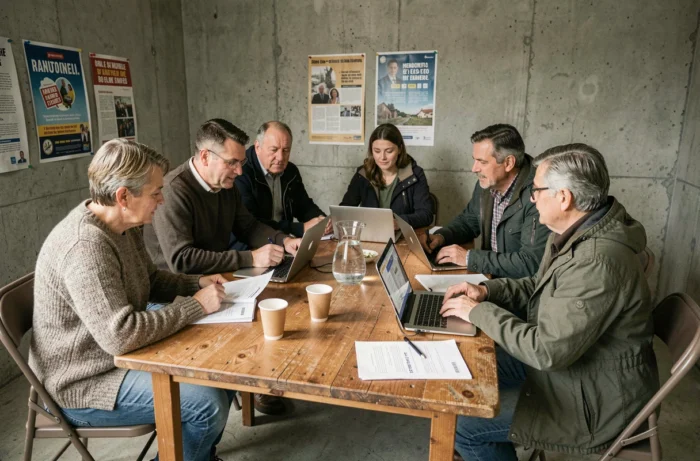 Militants du mouvement Les Patriotes réunis autour d'une table lors d'une réunion militante dans une salle communautaire