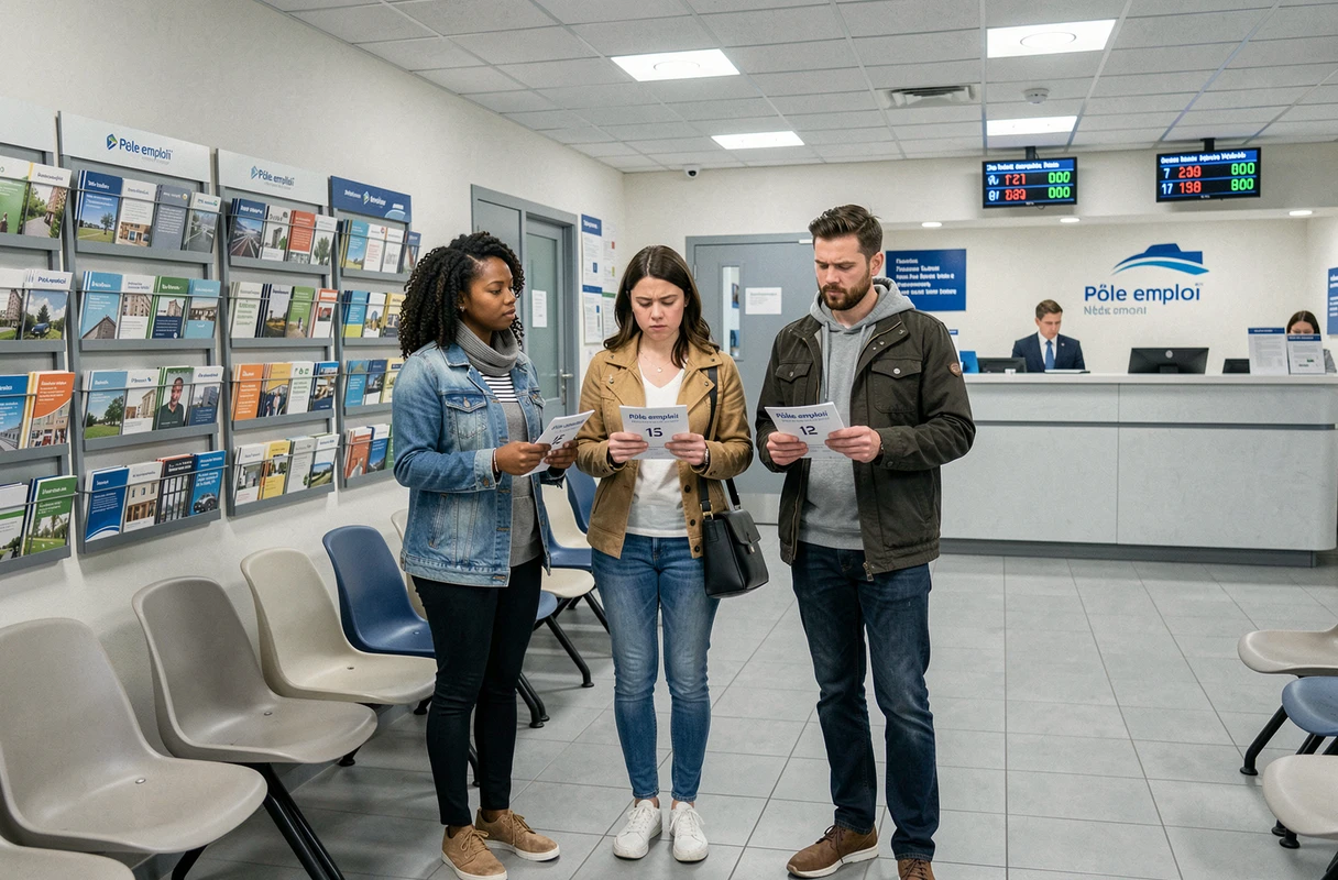 Demandeurs d'emploi dans la salle d'attente d'une agence Pôle emploi en France